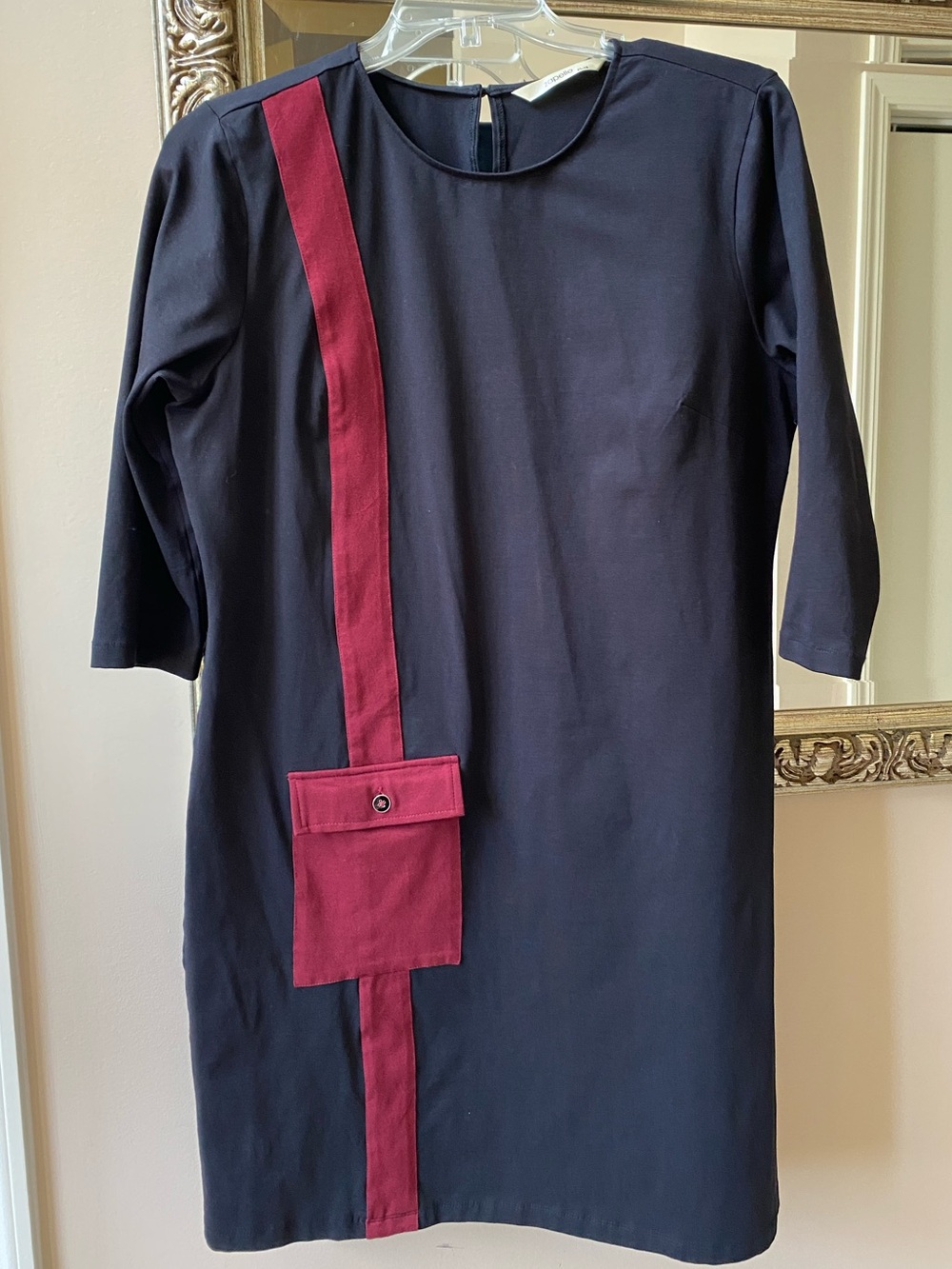 Black Shift Dress with Burgundy Accent Pocket, XL
